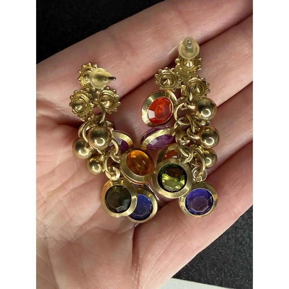VTG Colorful Disc Bead Dangle Earrings Rainbow Gold Glam Party